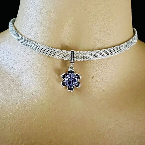 Beautiful Choker Silver Mesh Flower Pendant Purple Stone Fashion Necklace 1078 - Picture 2 of 10